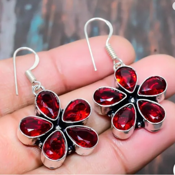 Garnet & 9.25 Sterling Silver Earrings 1”